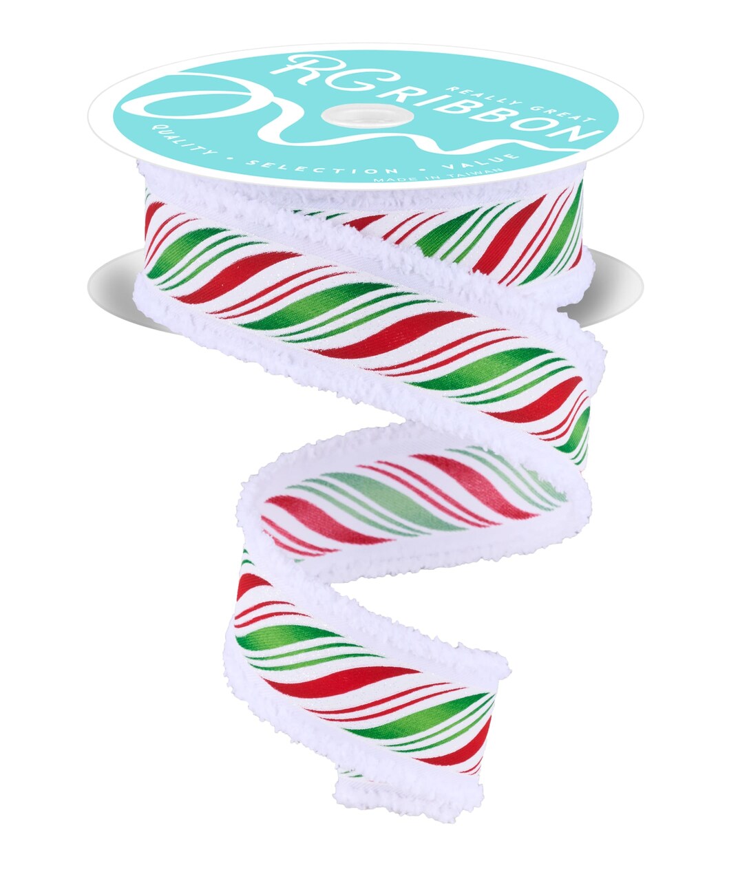 RG Ribbon: 1.5" Peppermint Twist Wired Ribbon with Fuzzy Drift Edges - 10 Yards - White, Red, Green - For Bows, Wreaths, Crafts and Christmas Decorations